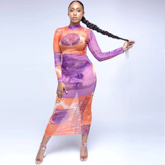 No 1 Los Angeles Bodycon $100 Orange Purple Sheer Y2K Mesh Long Maxi Dress L - Picture 1 of 16